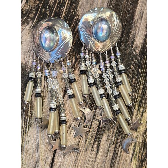 Vintage Tabra Sterling Silver Grey Pearl Celestial Statement Dangle Earrings 4" - Picture 1 of 10